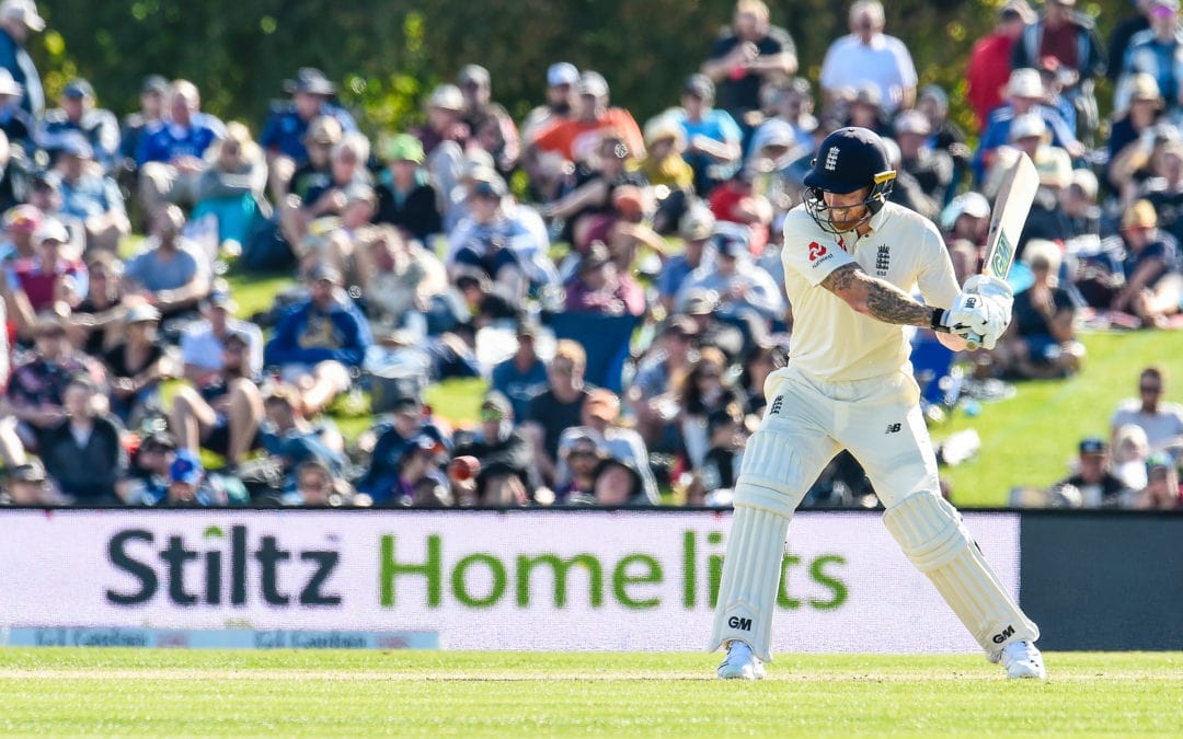 Stiltz Lifts signage with Ben Stokes of England during Day One of the Second International Cricket Test match between New Zealand and England at Hagley Oval in Christchurch, New Zealand.