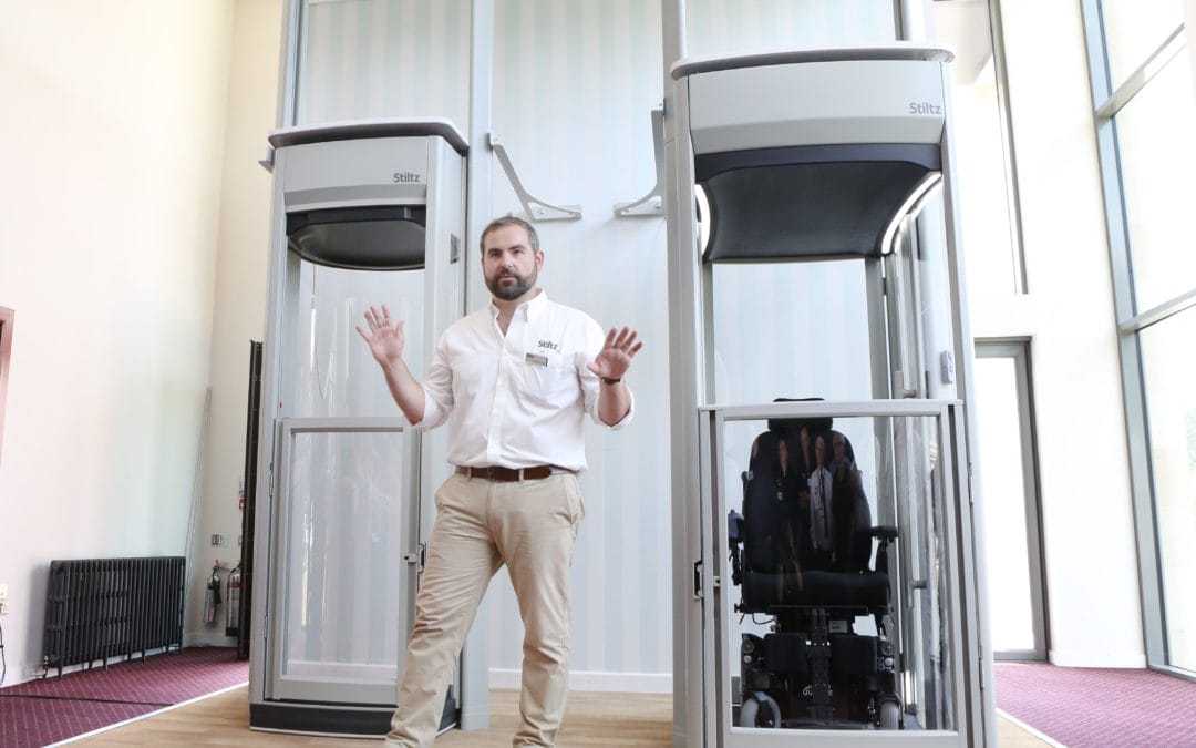 Lachlan Faulkner, co-founder of Stiltz Home Lifts, speaking about the range of lifts at a recent event.